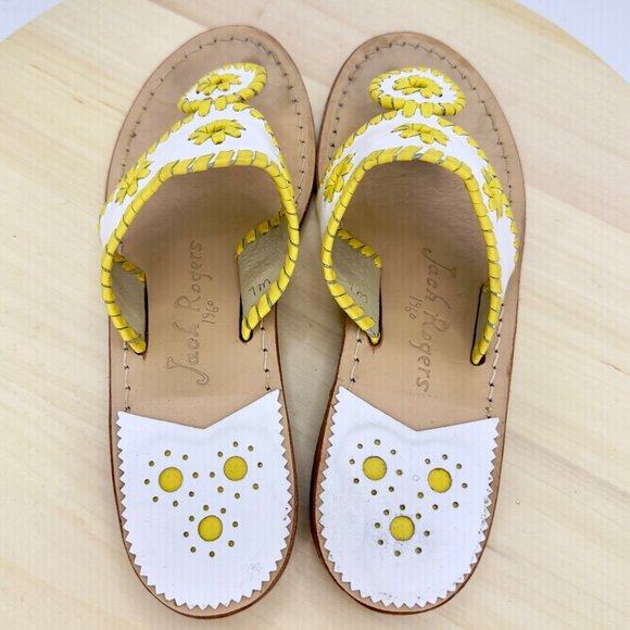 Jack Rogers White Yellow Leather Whipstitched Handmade Thong Sandals Size 7 - Picture 6 of 9